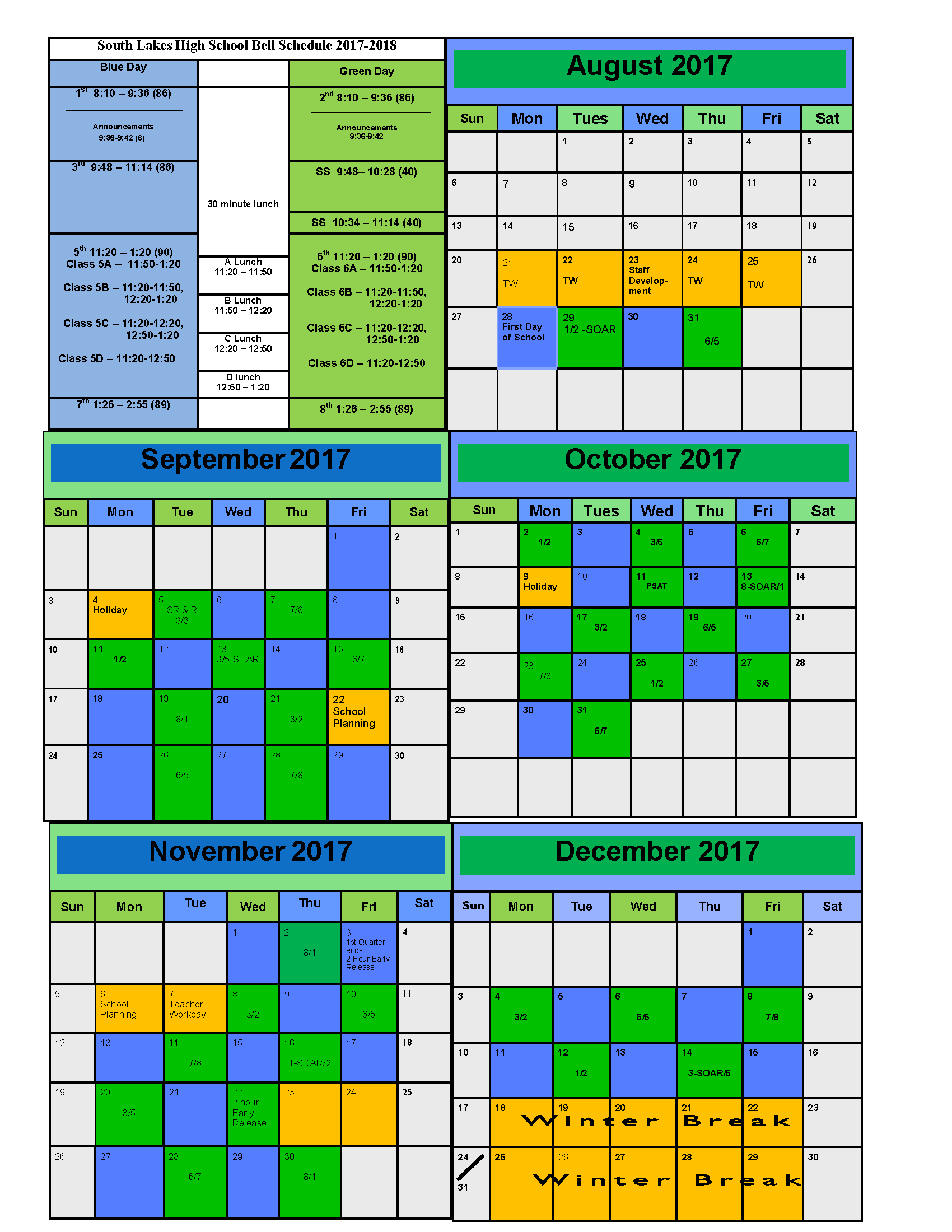 Blue/Green Calendar South Lakes High School
